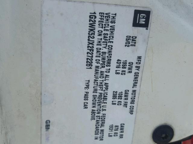 1G2WK52JX2F272261 - 2002 PONTIAC GRAND PRIX WHITE photo 10