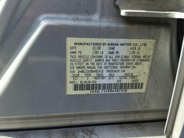 1N4BL21E68N482418 - 2008 NISSAN ALTIMA 3.5 SILVER photo 10