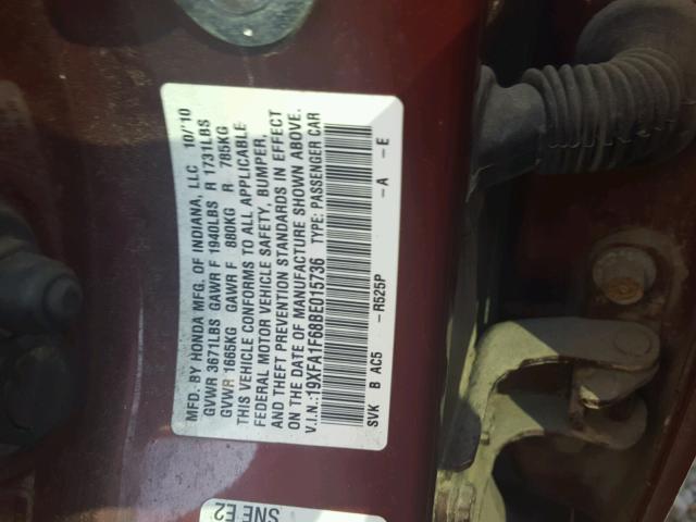 19XFA1F68BE015736 - 2011 HONDA CIVIC LX-S მუქწითელი ფოტო 10