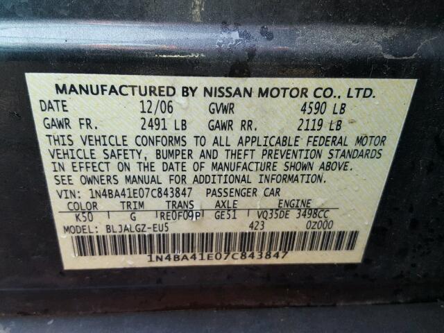 1N4BA41E07C843847 - 2007 NISSAN MAXIMA SE/ GRAY photo 10