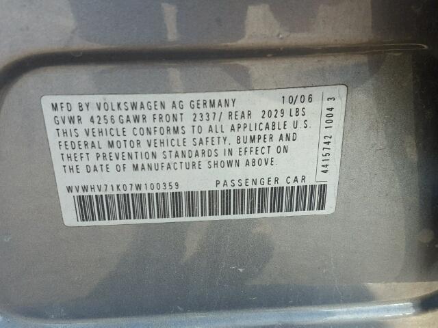 WVWHV71K07W100359 - 2007 VOLKSWAGEN NEW GTI GRAY photo 10