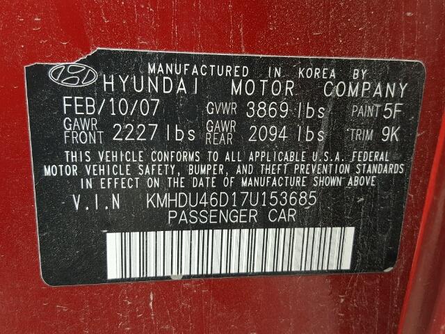 KMHDU46D17U153685 - 2007 HYUNDAI ELANTRA GL RED photo 10