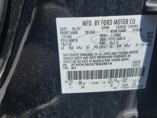 2FMDK39C67BB28614 - 2007 FORD EDGE SEL P BLACK photo 10