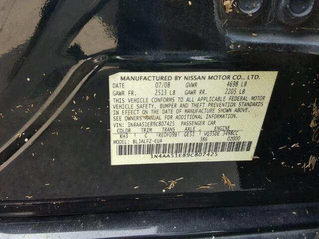 1N4AA51E89C807425 - 2009 NISSAN MAXIMA S BLACK photo 10