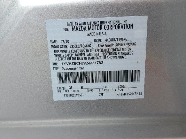 1YVHZ8CH7A5M31782 - 2010 MAZDA 6 I SILVER photo 10