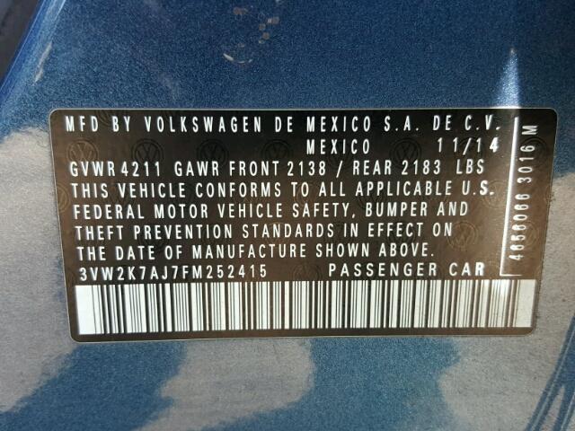 3VW2K7AJ7FM252415 - 2015 VOLKSWAGEN JETTA BASE Կապույտ լուսանկար 10