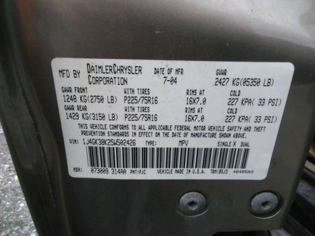 1J4GK38K25W502426 - 2005 JEEP LIBERTY RE GOLD photo 10