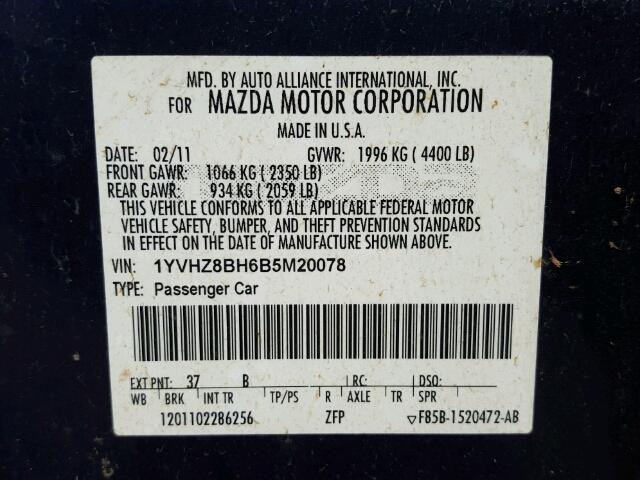 1YVHZ8BH6B5M20078 - 2011 MAZDA 6 BLUE photo 10