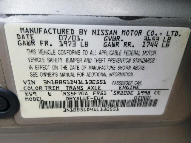 3N1BB51D41L130551 - 2001 NISSAN SENTRA SE SILVER photo 10