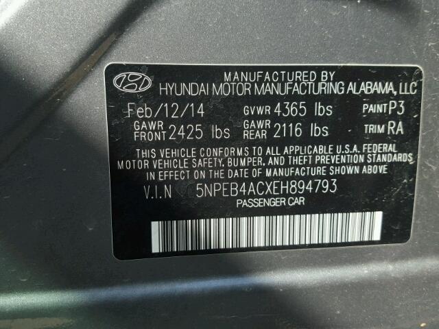 5NPEB4ACXEH894793 - 2014 HYUNDAI SONATA GLS GRAY photo 10