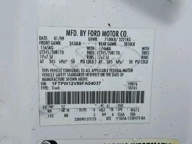 1FTPW12V89FA54037 - 2009 FORD F150 SUPER WHITE photo 10