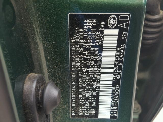 2T1BPRHE4EC119983 - 2014 TOYOTA COROLLA EC 绿色 照片 10