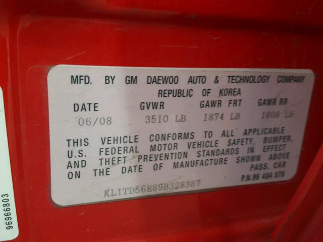 KL1TD56E89B328387 - 2009 CHEVROLET AVEO LS RED photo 10