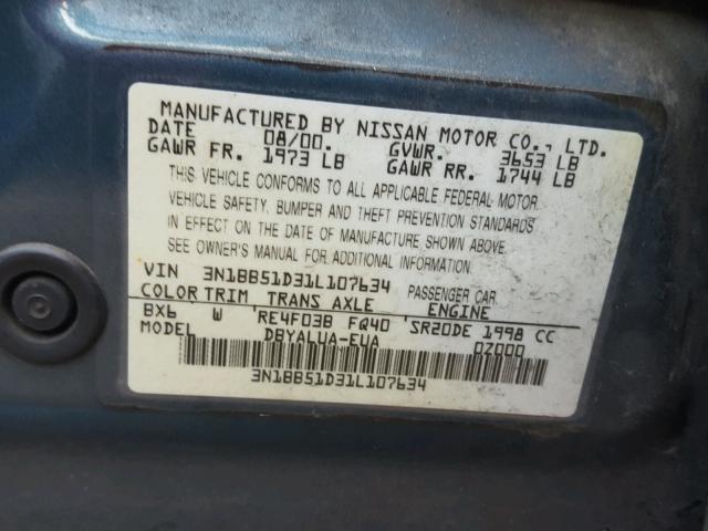 3N1BB51D31L107634 - 2001 NISSAN SENTRA SE BLUE photo 10