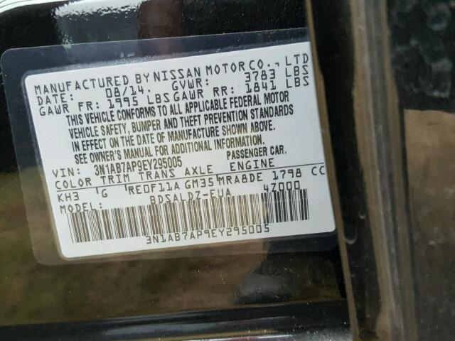 3N1AB7AP9EY295005 - 2014 NISSAN SENTRA BLACK photo 10