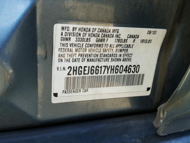 2HGEJ6617YH604630 - 2000 HONDA CIVIC BASE BLUE photo 10