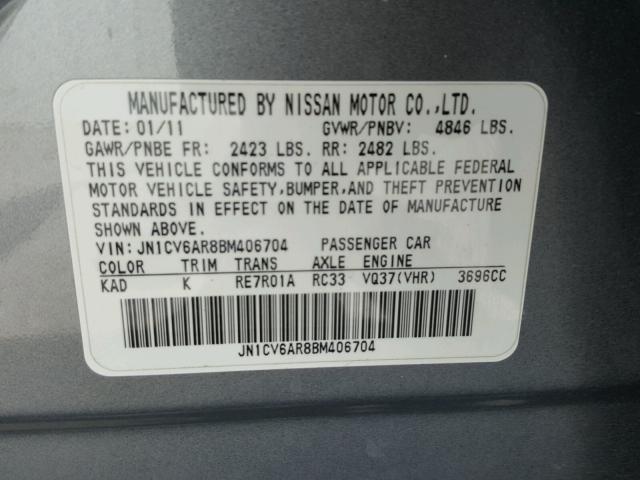 JN1CV6AR8BM406704 - 2011 INFINITI G37 SILVER photo 10