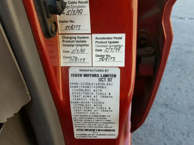 4S6CM58W1W4406848 - 1998 HONDA PASSPORT E 红色 照片 10