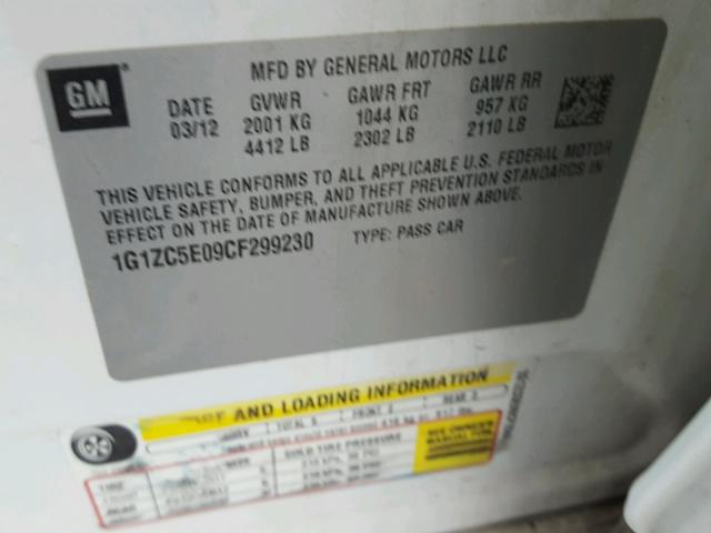 1G1ZC5E09CF299230 - 2012 CHEVROLET MALIBU 1LT WHITE photo 10