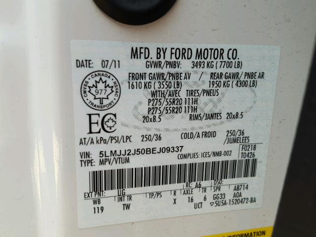 5LMJJ2J50BEJ09337 - 2011 LINCOLN NAVIGATOR 白色 照片 10