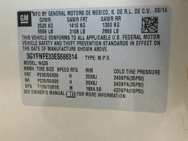 3GYFNFE33ES688314 - 2014 CADILLAC SRX PERFOR 米色 照片 10