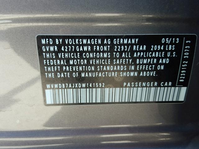 WVWDB7AJXDW141592 - 2013 VOLKSWAGEN GOLF GRAY photo 10
