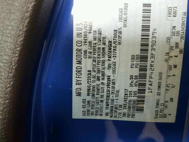 1FAFP42RX3F390394 - 2003 FORD MUSTANG MA BLUE photo 10