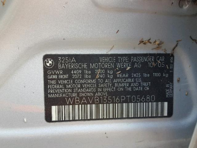 WBAVB13516PT05680 - 2006 BMW 325 I SILVER photo 10