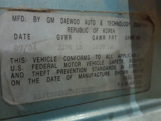 KL1TD62625B313057 - 2005 CHEVROLET AVEO BASE Vert photo 10