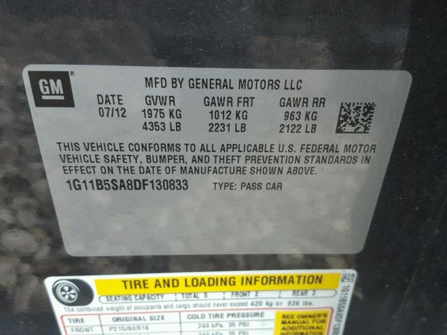 1G11B5SA8DF130833 - 2013 CHEVROLET MALIBU LS ნაცრისფერი ფოტო 10