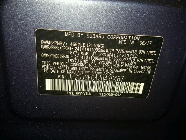 JF2SJGEC4JH436467 - 2018 SUBARU FORESTER 2 BLUE photo 10