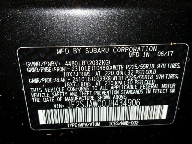 JF2SJAWC0JH434906 - 2018 SUBARU FORESTER 2 GRAY photo 10