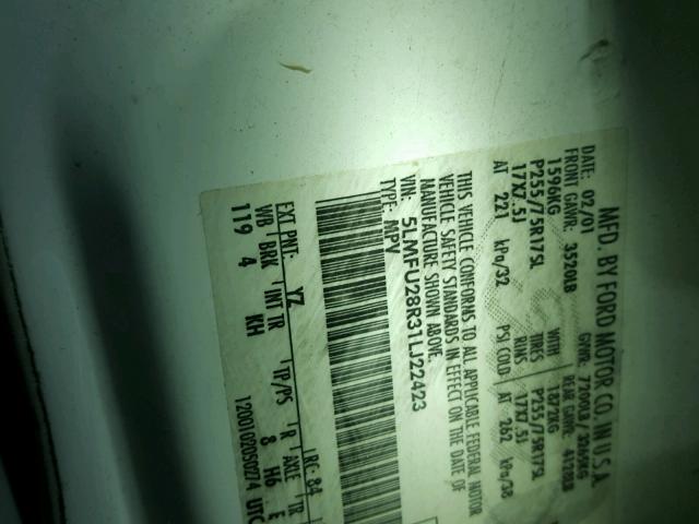 5LMFU28R31LJ22423 - 2001 LINCOLN NAVIGATOR 白色 照片 10