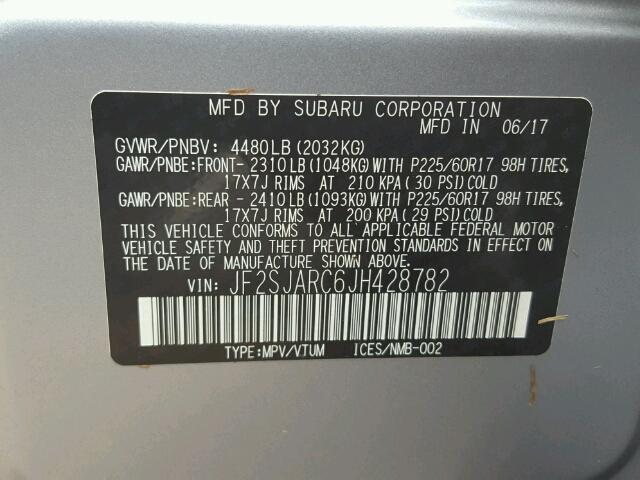 JF2SJARC6JH428782 - 2018 SUBARU FORESTER 2 GRAY photo 10