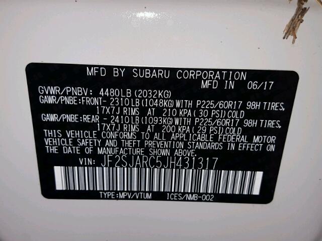 JF2SJARC5JH431317 - 2018 SUBARU FORESTER 2 WHITE photo 10