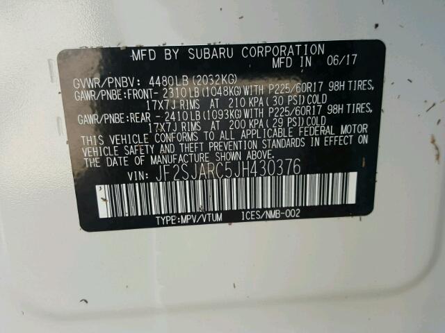 JF2SJARC5JH430376 - 2018 SUBARU FORESTER 2 WHITE photo 10