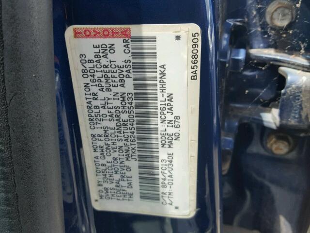 JTKKT624540055433 - 2004 TOYOTA SCION XA ლურჯი ფოტო 10