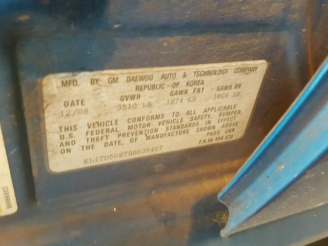 KL1TD56E79B635467 - 2009 CHEVROLET AVEO LS BLUE photo 10