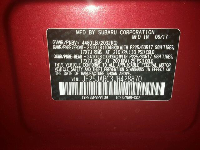 JF2SJARC3JH428870 - 2018 SUBARU FORESTER 2 BURGUNDY photo 10