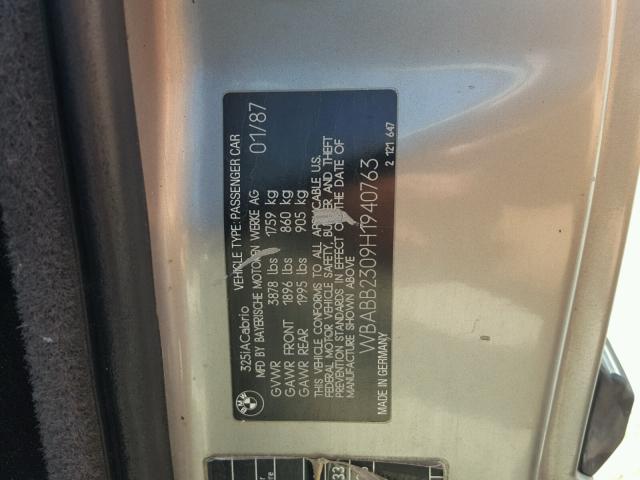 WBABB2309H1940763 - 1987 BMW 325 I AUTO GRAY photo 10