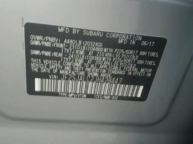 JF2SJALC2JH428447 - 2018 SUBARU FORESTER 2 GRAY photo 10