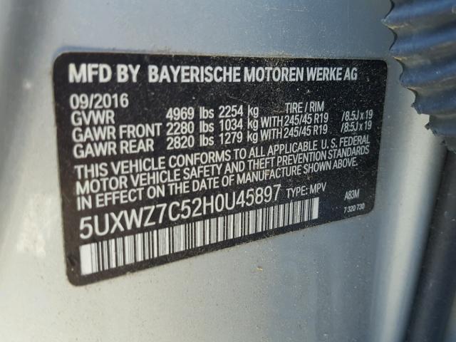 5UXWZ7C52H0U45897 - 2017 BMW X3 SDRIVE2 Күміс фото 10