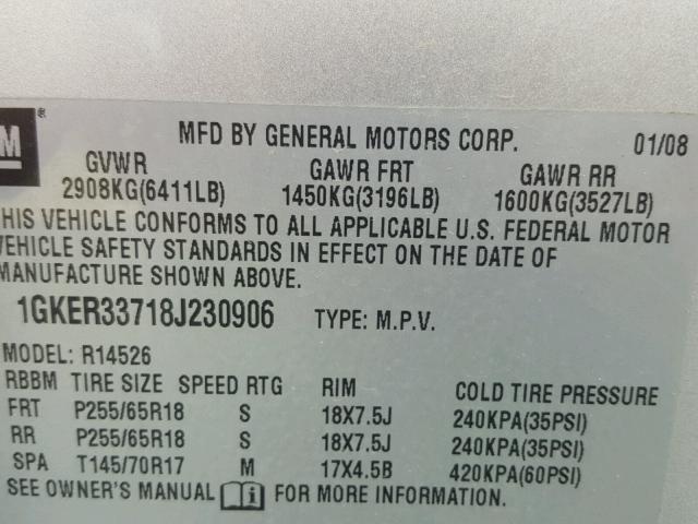 1GKER33718J230906 - 2008 GMC ACADIA SLT 银色 照片 10