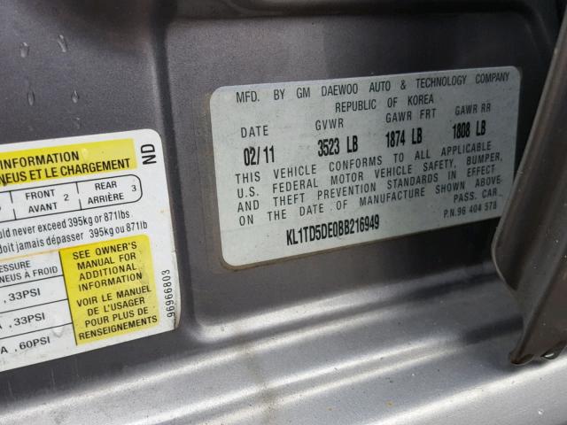 KL1TD5DE0BB216949 - 2011 CHEVROLET AVEO LS SILVER photo 10