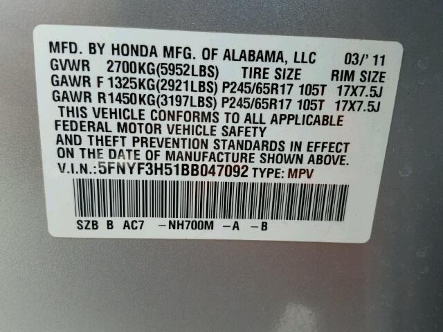 5FNYF3H51BB047092 - 2011 HONDA PILOT EXL SILVER photo 10