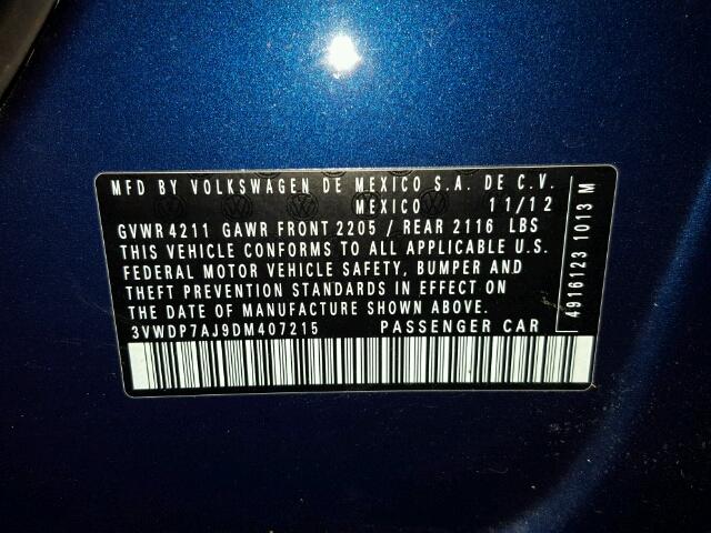 3VWDP7AJ9DM407215 - 2013 VOLKSWAGEN JETTA SE Mavi foto 10