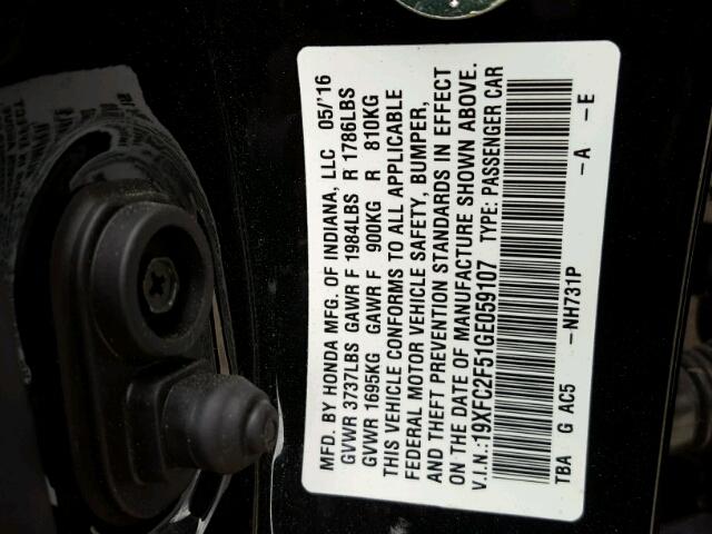 19XFC2F51GE059107 - 2016 HONDA CIVIC LX BLACK photo 10