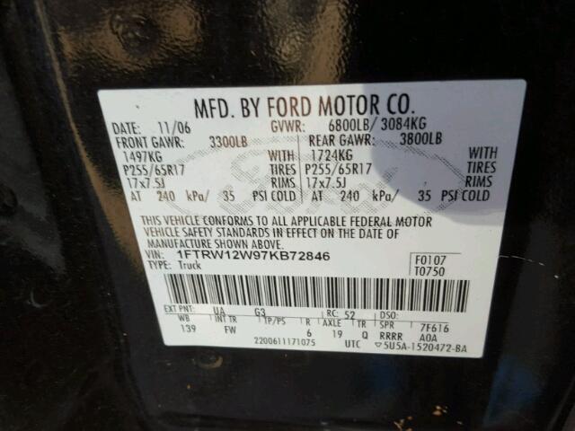 1FTRW12W97KB72846 - 2007 FORD F150 SUPER BLACK photo 10