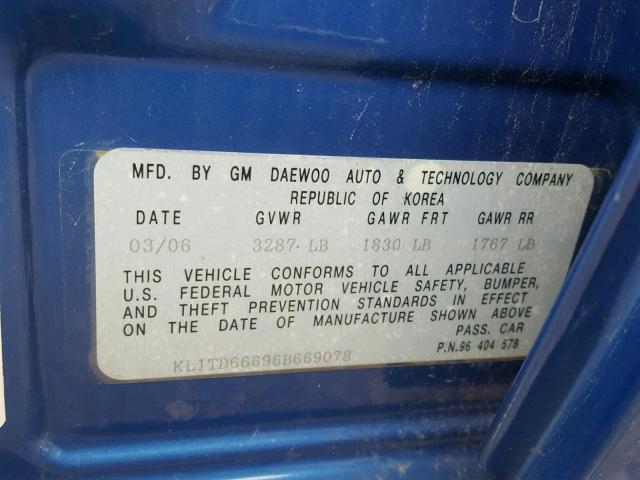 KL1TD66696B669078 - 2006 CHEVROLET AVEO BASE Mavi foto 10