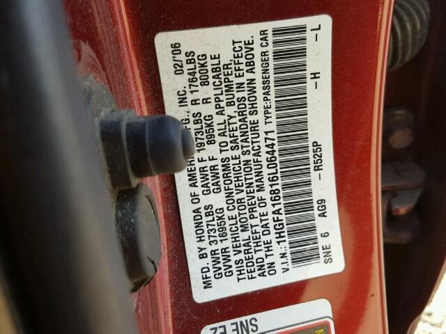 1HGFA16816L064471 - 2006 HONDA CIVIC EX მუქწითელი ფოტო 10